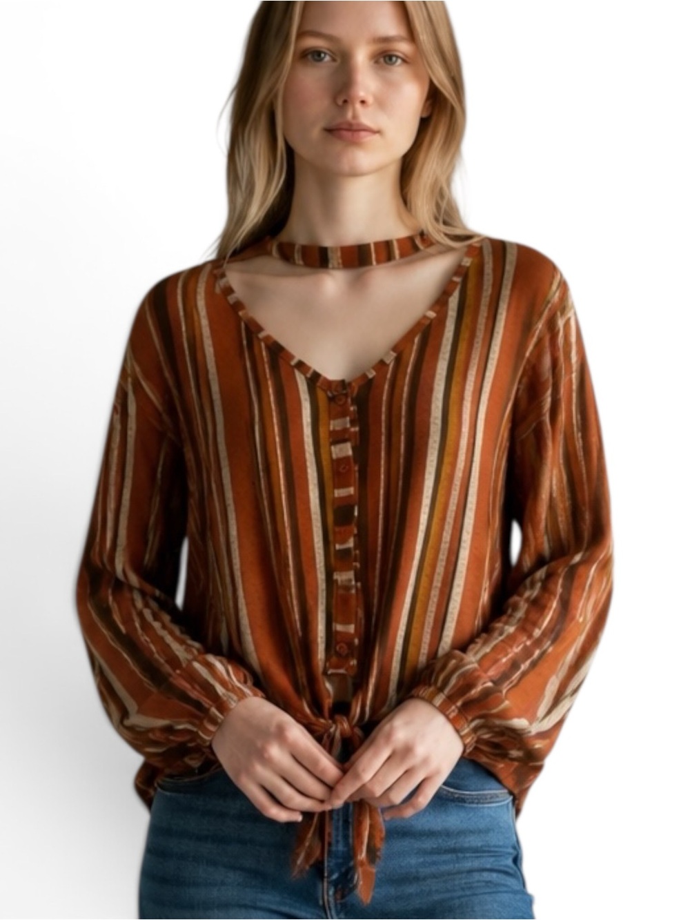 🎉HP🎉Striped V-Neck Blouse in Orange and Brown size Large🎉HP🎉